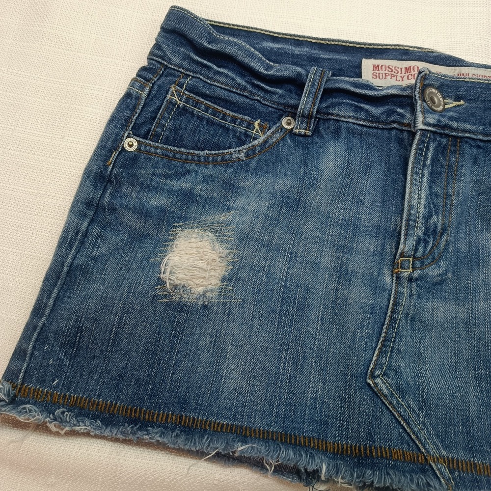90s Y2K Mossimo Demin Mini Skirt Women's 7 Low Rise Distressed Embroidered Vtg - Picture 2 of 7